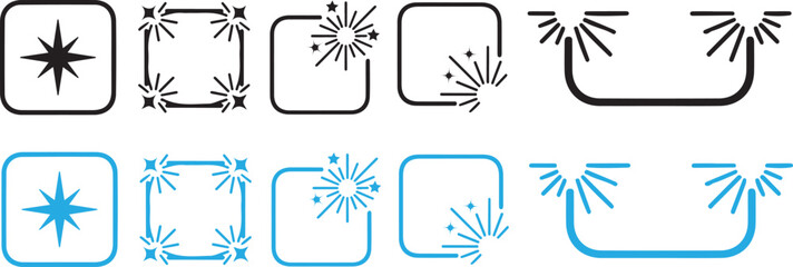 Fototapeta premium Collection of diverse abstract starburst and corner decoration graphic design elements in black and blue isolated on transparent background