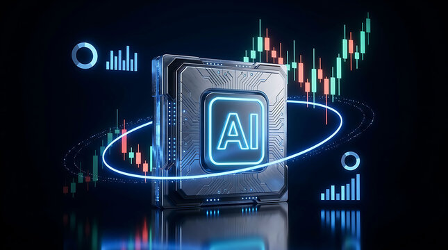 AI processor chip with stock market charts, trading graphs, and financial data