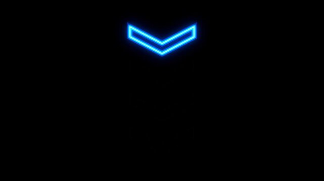 Glowing blue neon chevron arrows pointing downward in a smooth continuous downward scrolling motion video clip