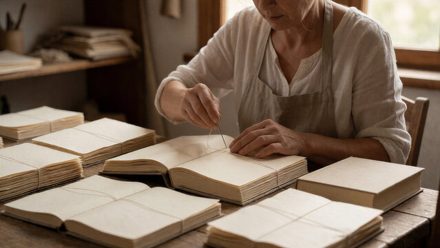 Eine Buchbinderin n&auml;ht gefaltete Papierlagen von Hand zusammen und arbeitet an einem teilweise fertigen Buch. Papier, Faden und traditionelle Werkzeuge sorgen f&uuml;r ein sehr greifbares Handwerksmotiv.