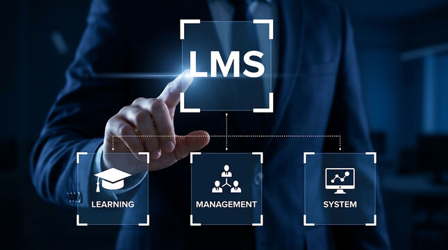 Businessman touching digital screen with LMS learning management system graphics