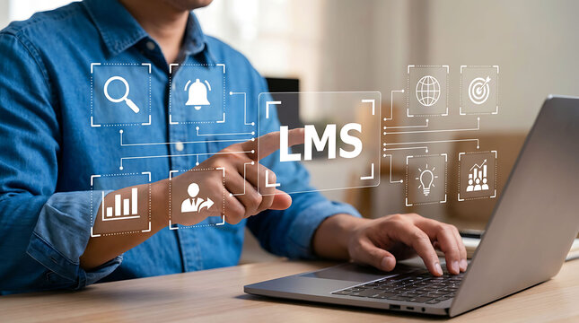 Man using laptop with digital learning management system icons in office
