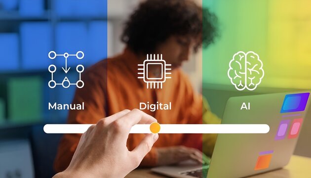 Hand adjusting a slider between manual, digital, and ai technology concepts