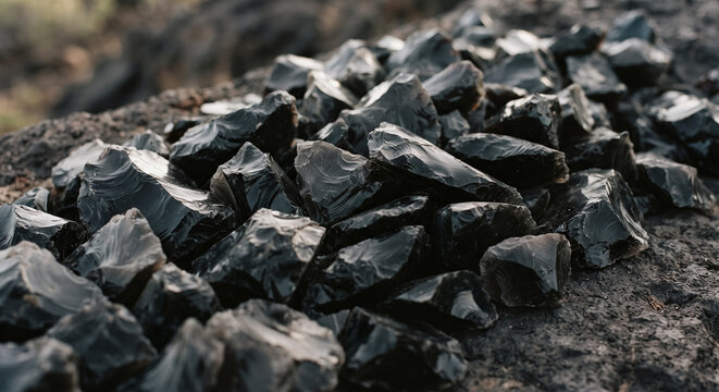 Raw black obsidian stones pile with glossy sharp facets and natural volcanic glass texture. Concept of mineral, sharp edges, geology.
