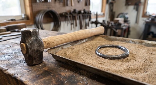 Heavy blacksmith hammer with wooden handle lying on wooden workbench next to forged metal ring in workshop.