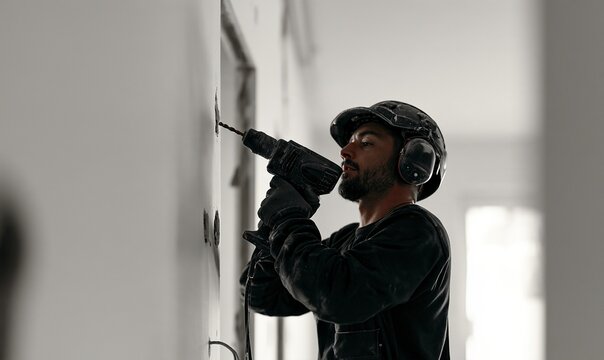 Worker use power tool to drill hole in wall at house under construction