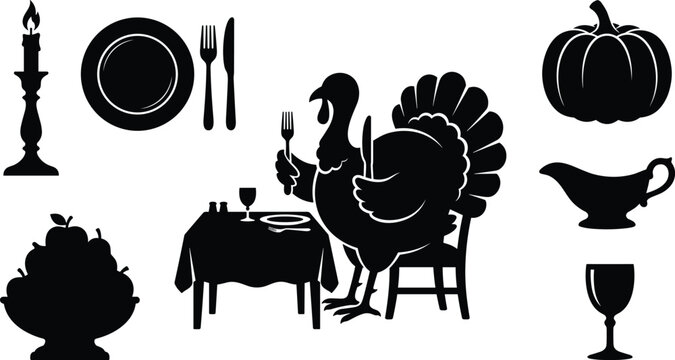 Traditional Thanksgiving feast vector silhouette element set featuring a cartoon turkey sitting at dinner table pumpkin candle and gravy boat