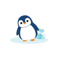 Obraz premium A cute cartoon penguin standing on a patch of ice next to a small iceberg block against a white background.