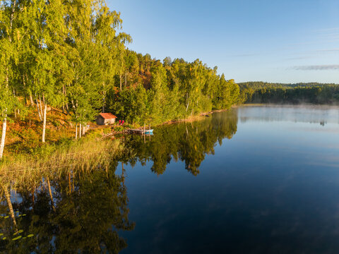 Hallangen lake shoare captured in morning light at Kalmar region. Sweden