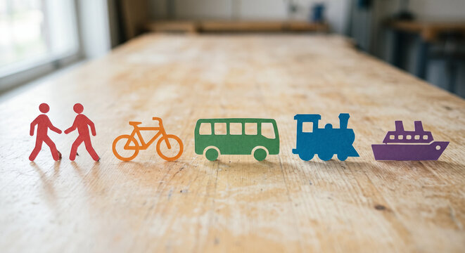Paper cut transport icons with bus train bicycle ship and pedestrian figures on wooden table. Concept of public transport, transportation, mobility, paper cutout, travel concept. Copy space.