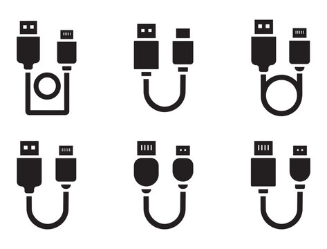 Black vector icons of usb cables. charging and data transfer wire variations. computer peripheral hardware symbols. electronic connection interface set for digital designs.