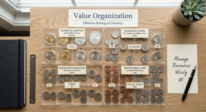 Organized Coin Collection Display for Value and Currency Sorting
