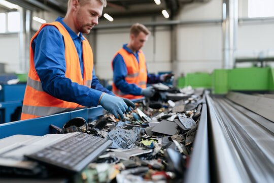 Workers sorting electronic waste in recycling facility