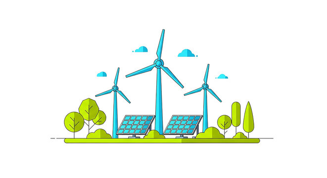 Turbine Vector Illustration of a Renewable Energy Farm with Wind Turbines and Solar Panels in a Green Landscape Environment