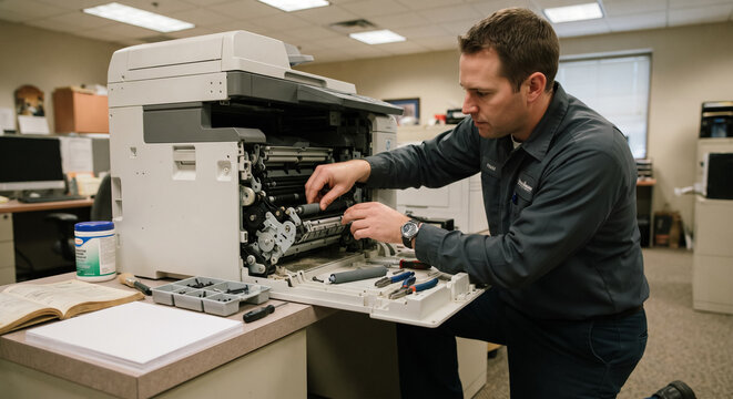 Professional Technician Repairing Office Printer and Replacing Feed Mechanism Roller. Concept of maintenance, office equipment, fixing.