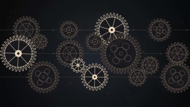 Rotating mechanical gears animation, industrial engineering concept, technical blueprint style background
