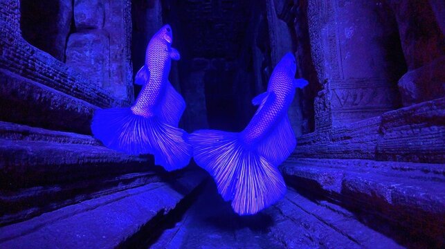 Two Liewyewling Fish with Glowing Indigo Fins in a Dark Aquatic Environment