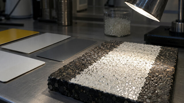 Reflective Glass Beads on Road Marking Paint Sample Tested Under Laboratory Lamp. Concept of microbeads, retroreflection, asphalt sample, traffic paint, pavement marking, quality testing.