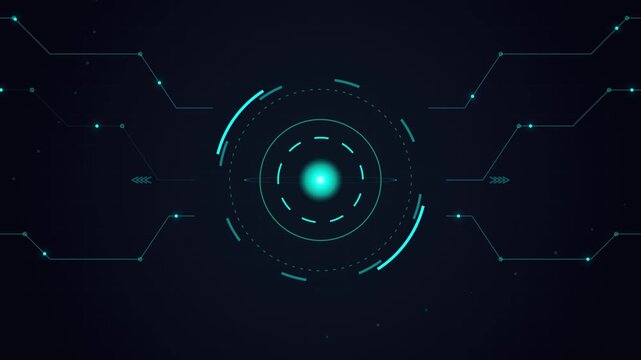 Futuristic hud interface with rotating digital core and circuitry lines for high-tech data visualization