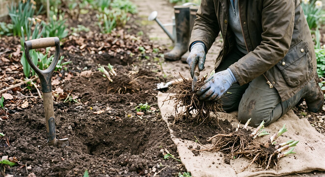 Gardener dividing perennial roots for planting in spring garden soil. Concept of spade.