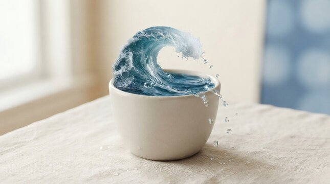 A small ocean wave crashing inside a white ceramic bowl, symbolizing power and nature