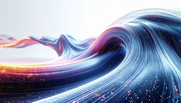 High-speed big data flow, intricate curves, abstract digital data streams of quantum computing, a cyber world of qubit traces, and modern data transmission against a white background.
