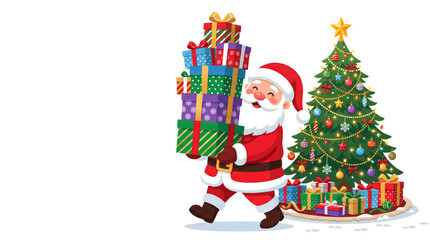 Fototapeta premium Happy santa claus carrying a tall stack of colorful christmas presents isolated on white background