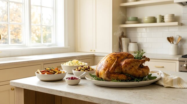 Roasted turkey on platter with side dishes in a bright kitchen.