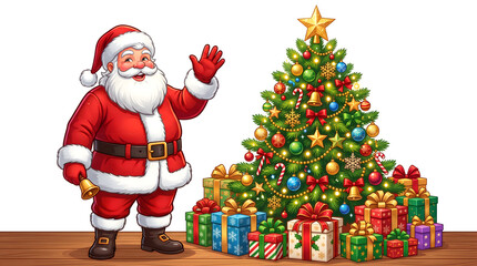 Obraz premium Santa claus waving and holding a bell next to a decorated christmas tree with gifts isolated on white background