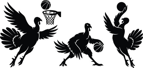 Thanksgiving basketball turkey silhouette vector set featuring dynamic sports birds dunking shooting hoop and dribbling for athletic holiday game © RUKSANA
