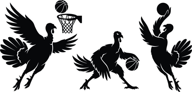 Thanksgiving basketball turkey silhouette vector set featuring dynamic sports birds dunking shooting hoop and dribbling for athletic holiday game