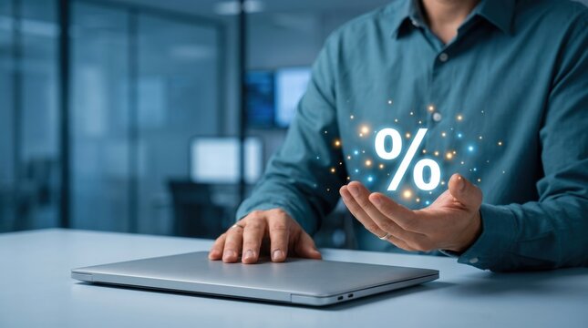 Digital finance concept showing a professional using a laptop while holding a glowing percentage symbol, representing discounts, savings, interest rates, financial offers, online banking, and business