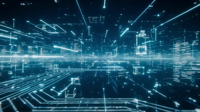 Digital cyberspace data network visualization showing glowing neon blue light lines in motion video clip