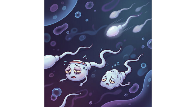 Tired cartoon sperm cells struggle to keep up with faster swimming competitors in dark fluid.