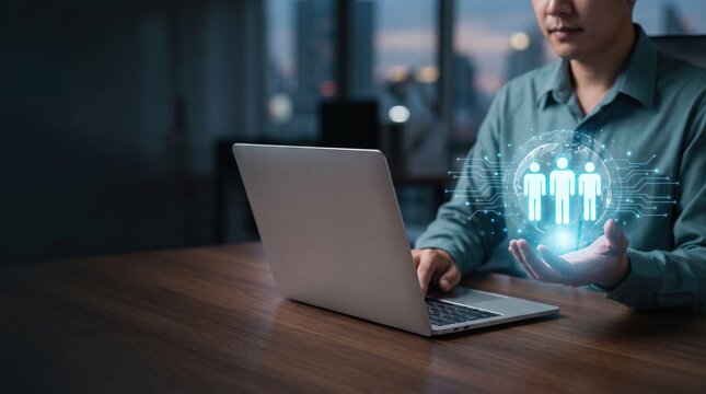 Digital recruitment and talent management concept showing connected people, global workforce networking, human resources technology, online hiring, employee relationships, and business growth.