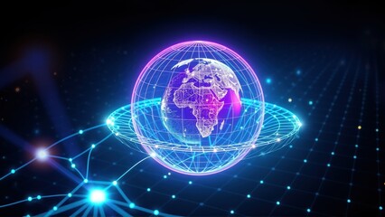 Fototapeta premium Global network concept. Earth surrounded by glowing lines, dots, digital connections. Futuristic technology illustration.