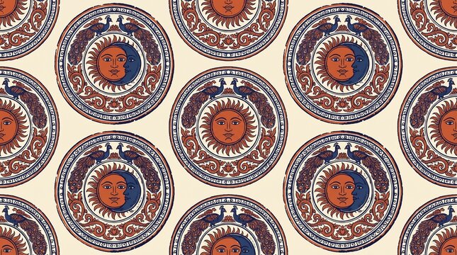 Seamless celestial sun and crescent moon pattern background with mystical distressed face medallions on cream canvas