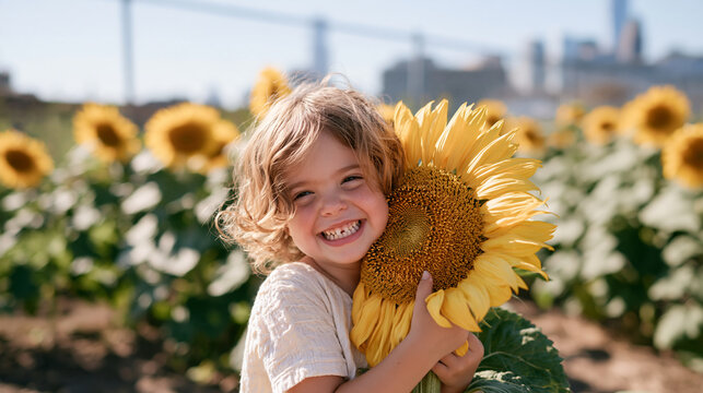 A child with gap teeth grins proudly while holding a giant sunflower with a seedhead nearly as wide as her face in a community garden plot, rows of tall sunflowers extending
