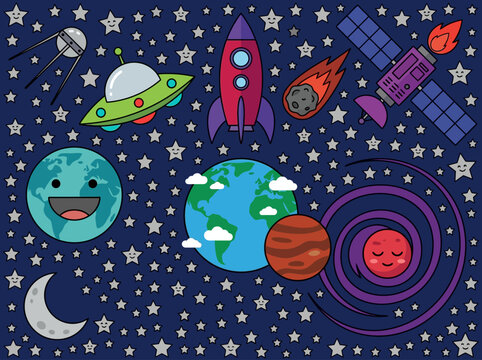 Cute Outer Space Cartoon Illustration with Rocket Ship, Planets, UFO, and Stars - Child Friendly Universe Doodles Vector Art