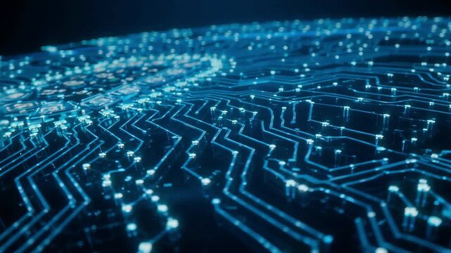 Glowing blue circuit board lines transmitting data pulses in dynamic motion animation for futuristic technology background