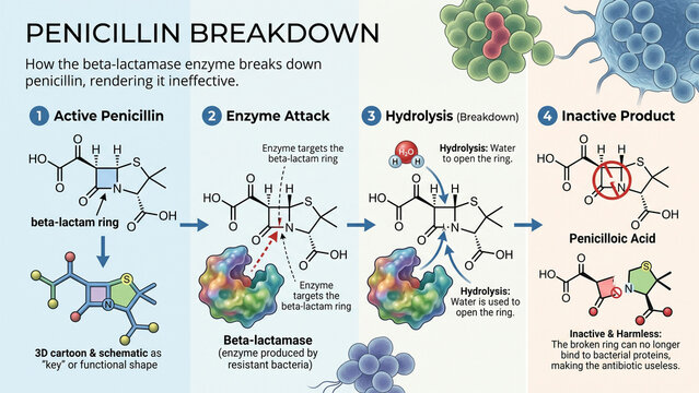 Penicillin breakdown diagram illustrates the enzymatic hydrolysis of antibiotic molecules by beta-lactamase in bacteria.