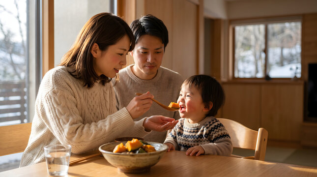 Asian family enjoying traditional simmered kabocha squash for dinner
