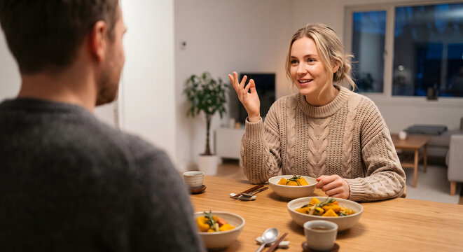 Caucasian couple enjoying warm simmered pumpkin dish in a cozy dining room
