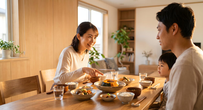 Asian family enjoying traditional simmered kabocha squash for dinner