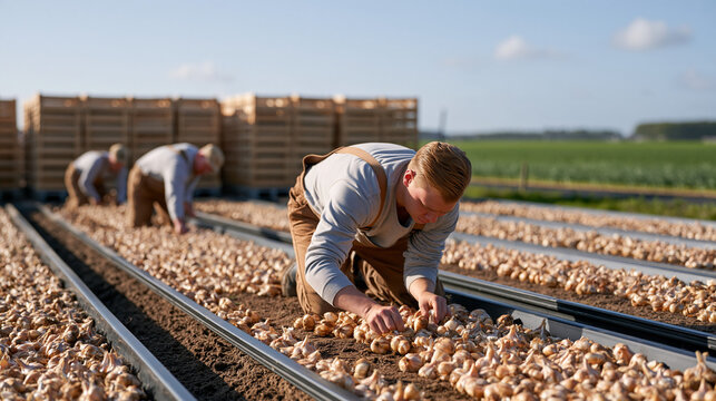 Dutch tulip bulb harvest, workers bent low extracting bulbs from long straight rows of bare soil, wooden crates stacked high in a flat green polder landscape, commercial