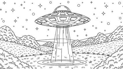 Ufo graphic black white landscape sketch illustration vector, flying saucer spaceship beam light alien invasion drawing scene. © hossain