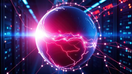 Obraz premium Global network concept. Illuminated earth surrounded by server racks, data streams, digital connections. Futuristic technology visualization.