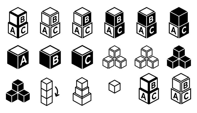 Geometric Cube Icons with Letter Markings, Arranged in Various Configurations