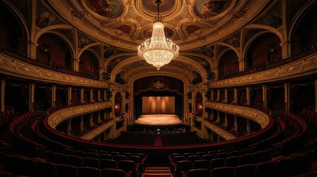 A dramatic, wide-angle photograph captures the interior of a grand opera house. The image showcases the ornate, curved stage with rows of plush red seats stretching into the darkness.