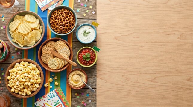 A festive spread of party snacks is arranged on a wooden table. Bowls of potato chips, pretzels, popcorn, salsa, and a creamy dip are displayed alongside crackers and a colorful table runner.